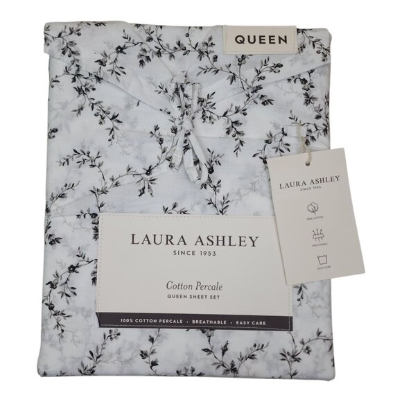 Laura Ashley Cotton Percale Queen Sheet Set Black and White Floral Easy Care - Picture 1 of 9